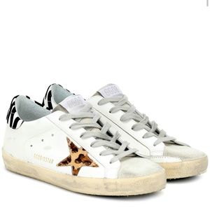 Golden goose superstar leather sneakers with leopard star and zebra heel size 6